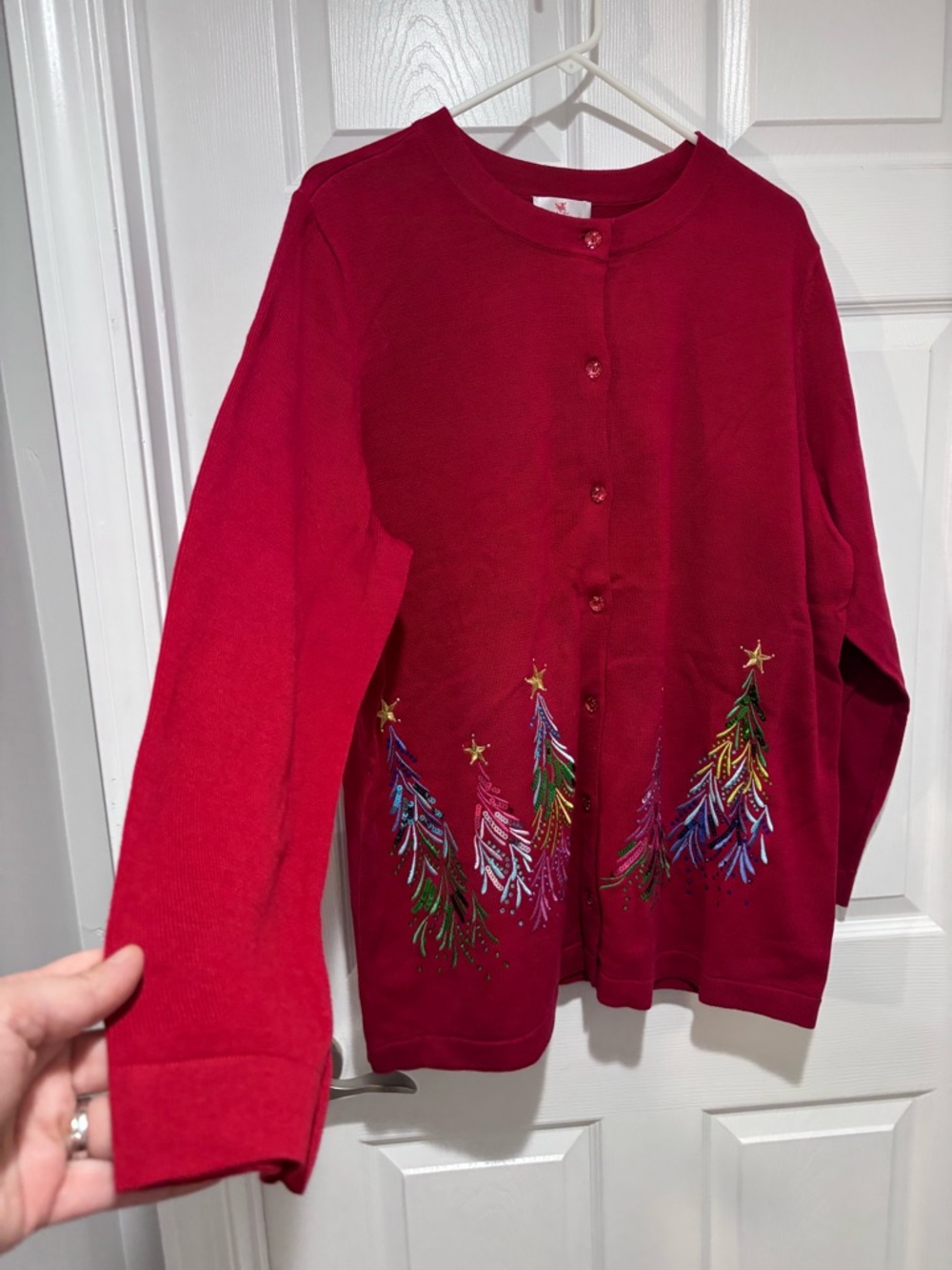 QUACKER FACTORY NWT Red Embellished Christmas Tree Knit Button Up Cardigan - Picture 3 of 13